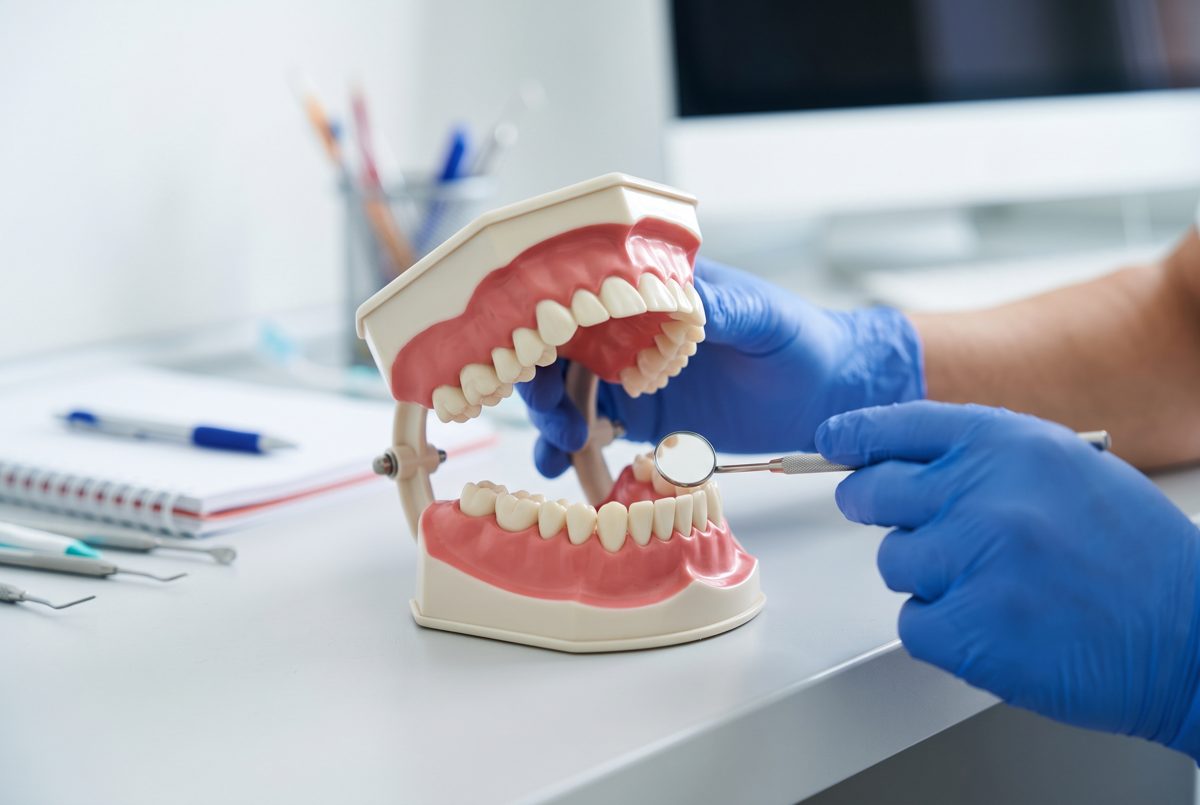 Dentist holding a dental model of teeth with a mirror