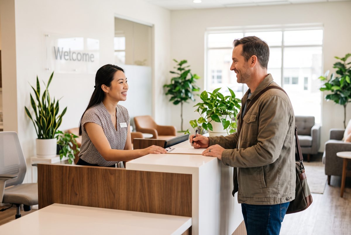 Patient being welcomed at a dental office front desk