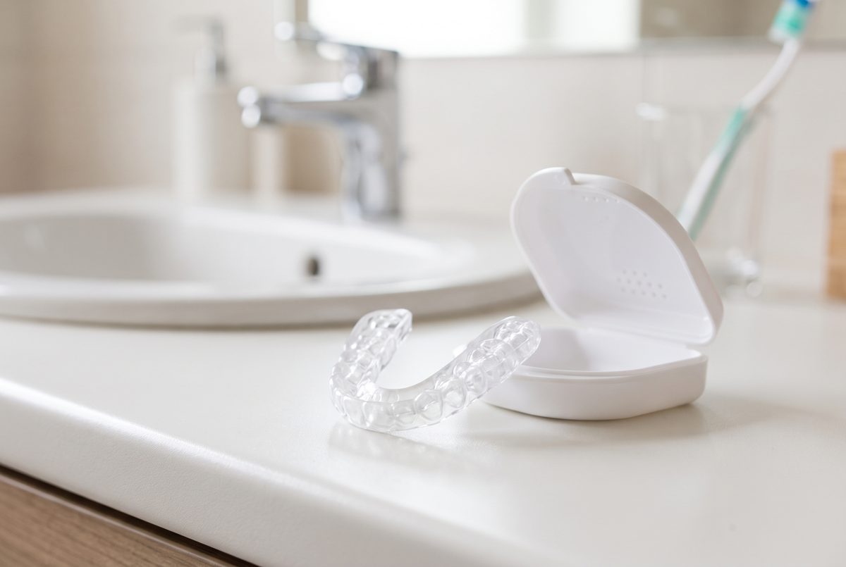 Clear dental night guard beside its case on a bathroom counter
